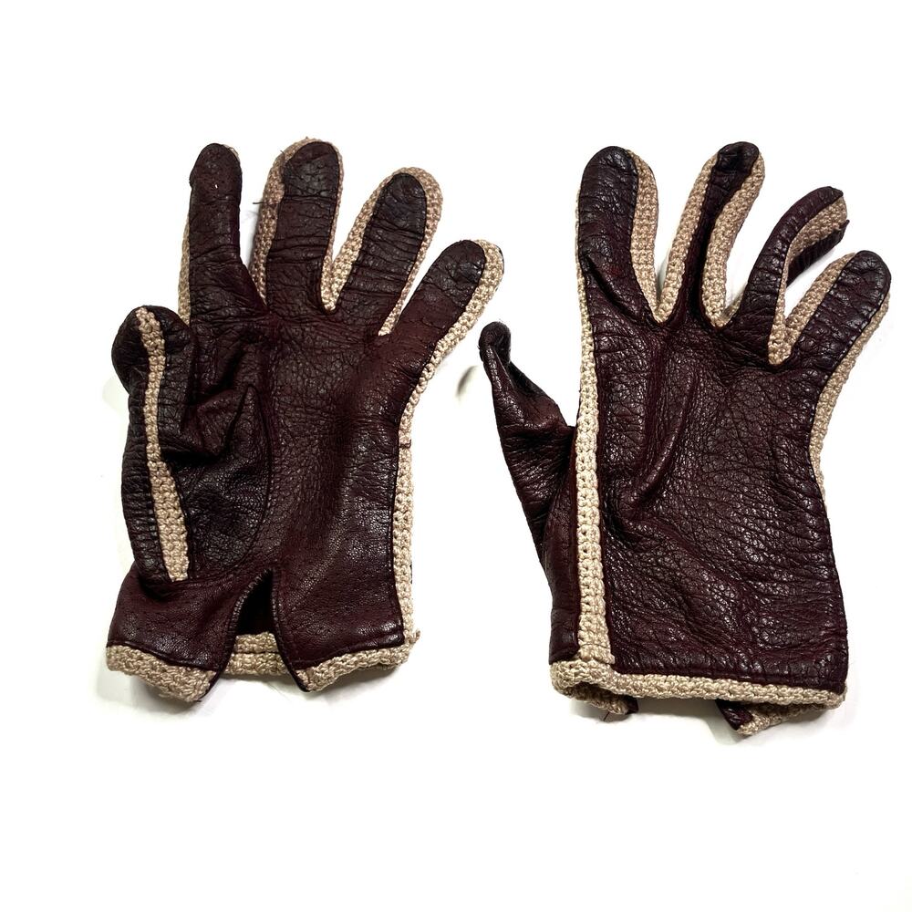 Aigner Vintage Driving Gloves Brown Leather Crochet Made in Italy Size 6.5 /XS/S